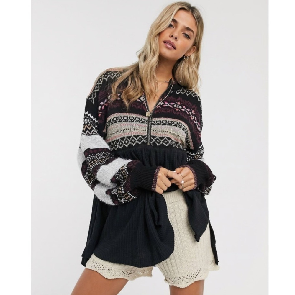 Free‎ People COZY COTTAGE BABYDOLL Knit Sweater Women XS Metallic